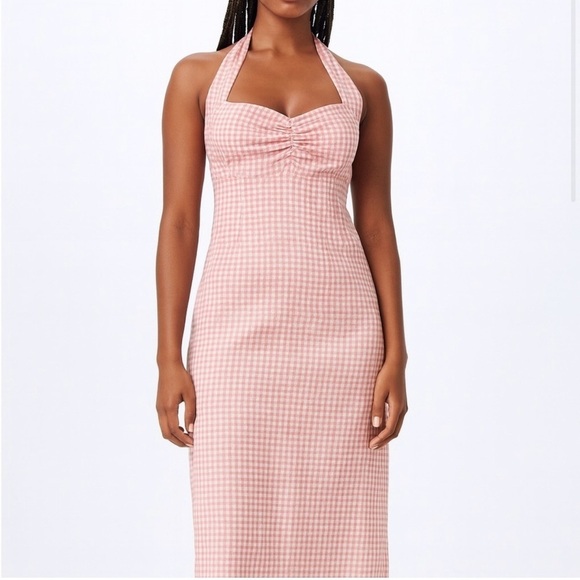 Mango Dresses & Skirts - Mango Pink and White Halter Neck Open back Gingham dress size L
